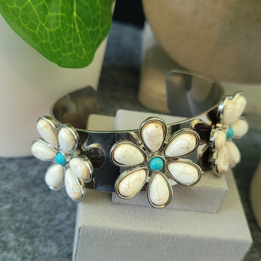 Southwestern Floral White Stone Turquoise Color Statement Cuff Bracelet 7"